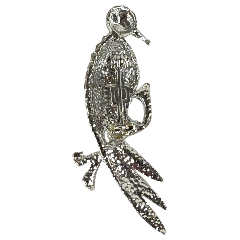 Rhinestone Bird On Tree Branch Brooch Pin With Red Eye & Silver Finish - Picture 2 of 7